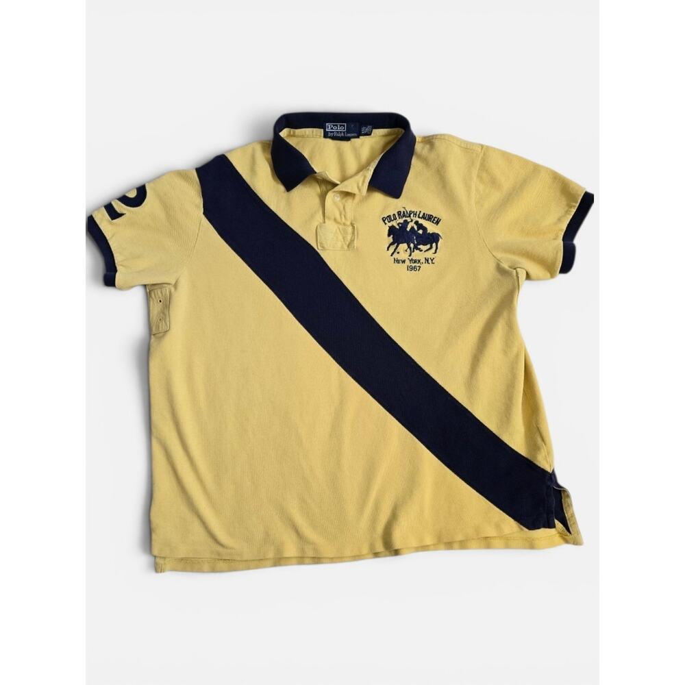 Ralph Lauren Polo Custom Yellow And Navy Banner Stripe Men's Polo Top‎
